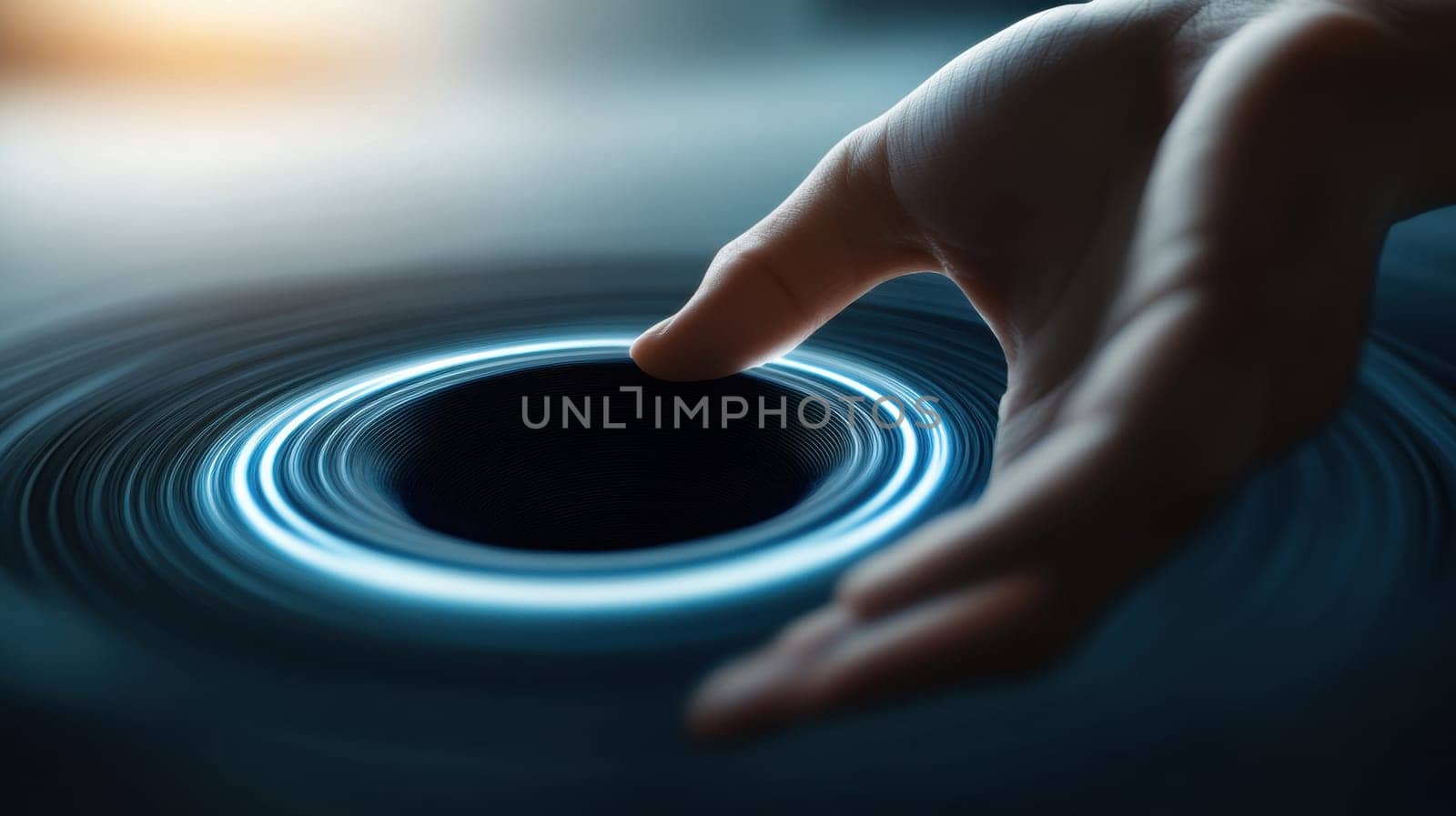 A hand reaches towards a glowing vortex, representing the intersection of technology and innovation. The image conveys a sense of curiosity and exploration, ideal for futuristic and tech-related themes