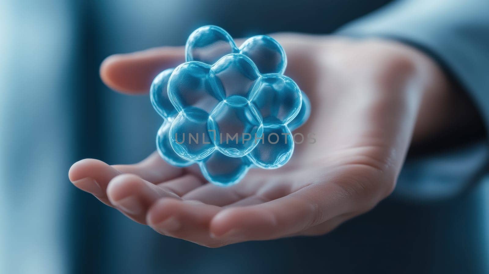 A close-up of a hand holding a holographic molecule model, representing scientific innovation and technological advancement. The image conveys concepts of research, future technology, and digital science