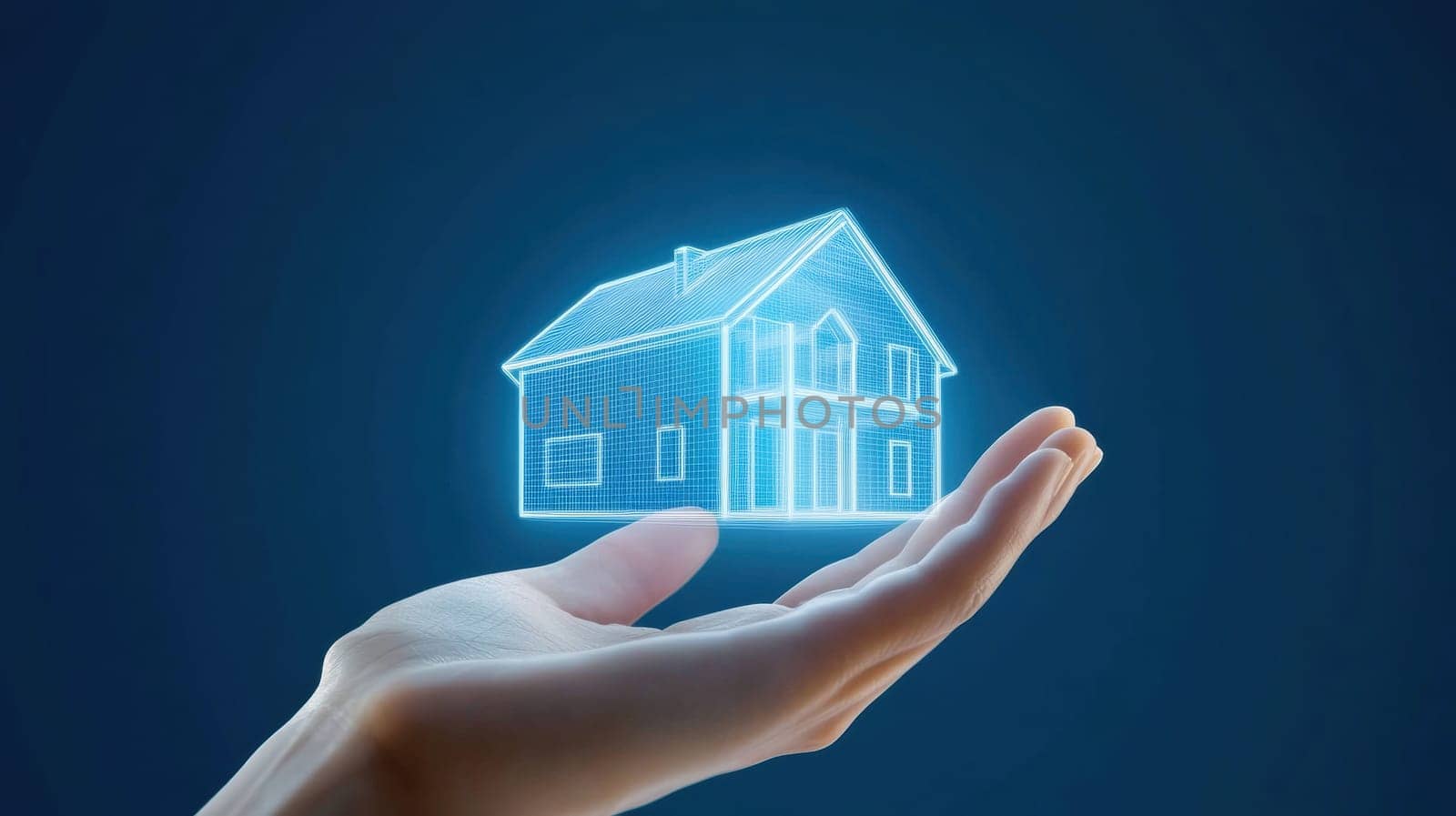 A digital hologram of a house floats above a Caucasian hand, representing futuristic real estate concepts, technology in housing, and innovative architectural design. Ideal for tech and real estate themes