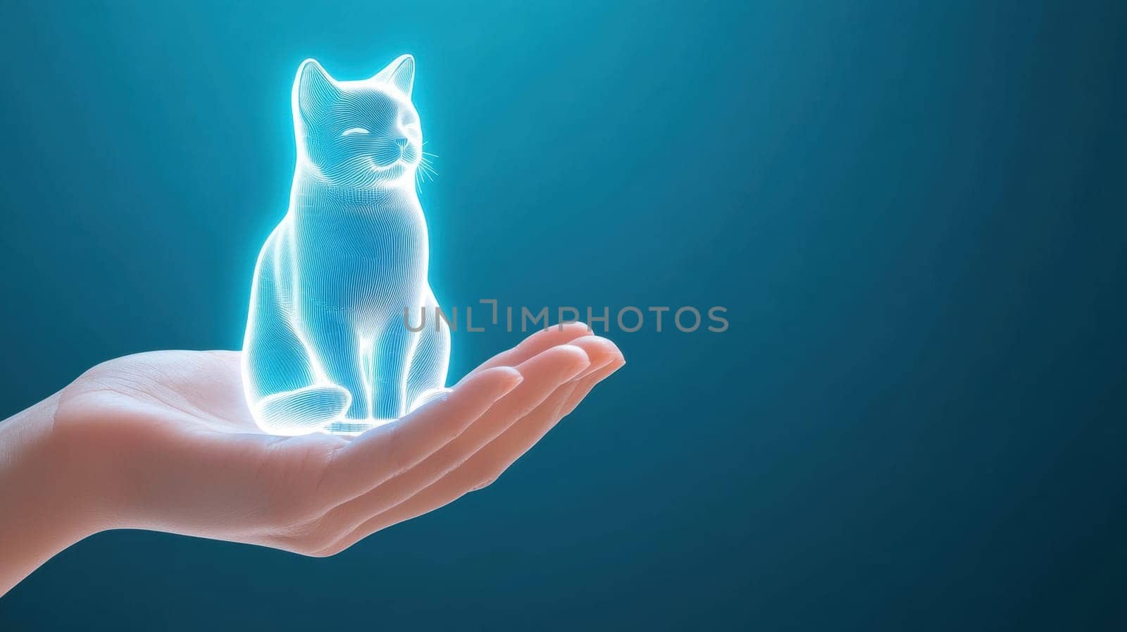 A human hand supports a luminous holographic cat, showcasing advanced digital technology. The blue background enhances the futuristic theme, making it ideal for concepts related to innovation, technology, and virtual reality