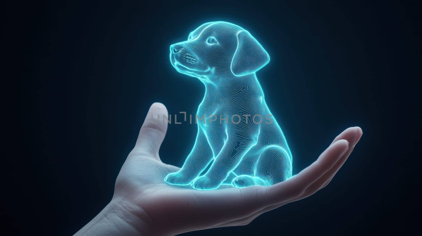 A glowing holographic puppy rests in an open hand, illustrating the fusion of technology and imagination. The digital art style highlights futuristic themes and the potential of virtual reality