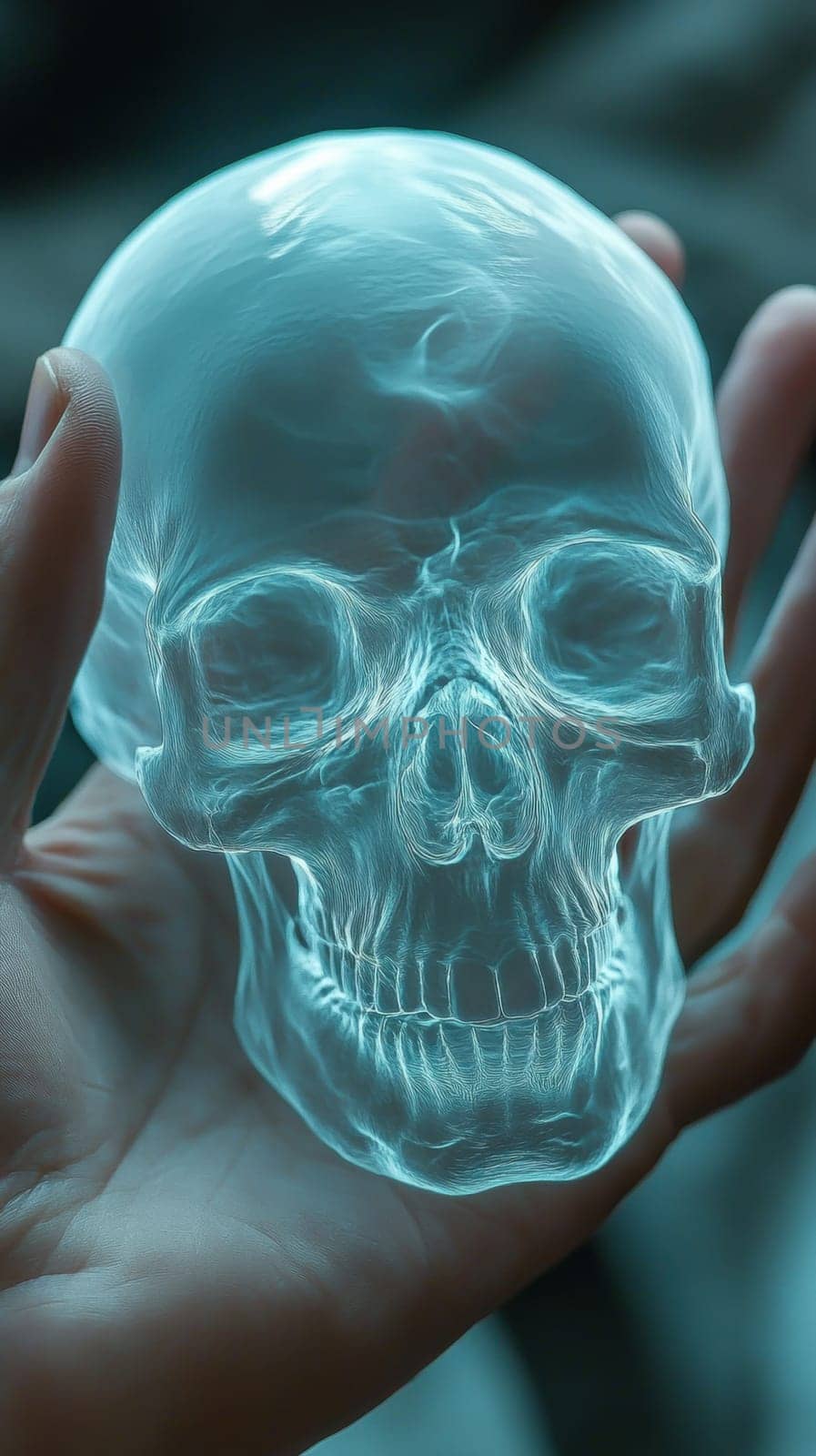 A translucent glass skull sculpture is delicately held by a Caucasian hand, highlighting its intricate design and craftsmanship. The image emphasizes the artistic and decorative appeal of glass art