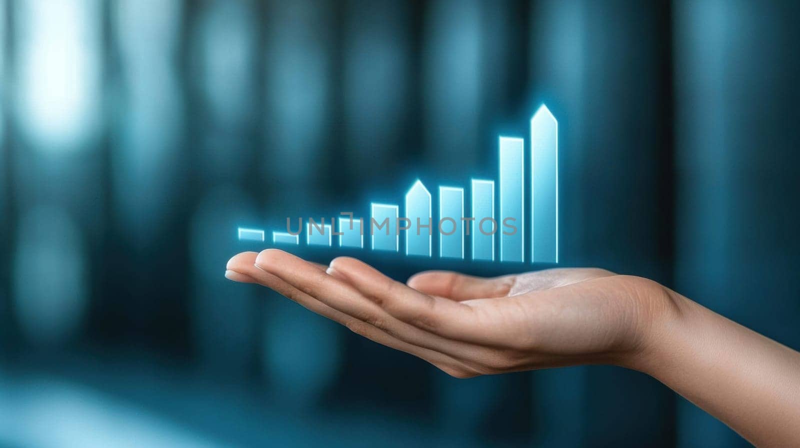 A digital bar graph hologram floats above a hand, representing business growth and data analysis. The image conveys innovation, technology, and futuristic concepts in a business context