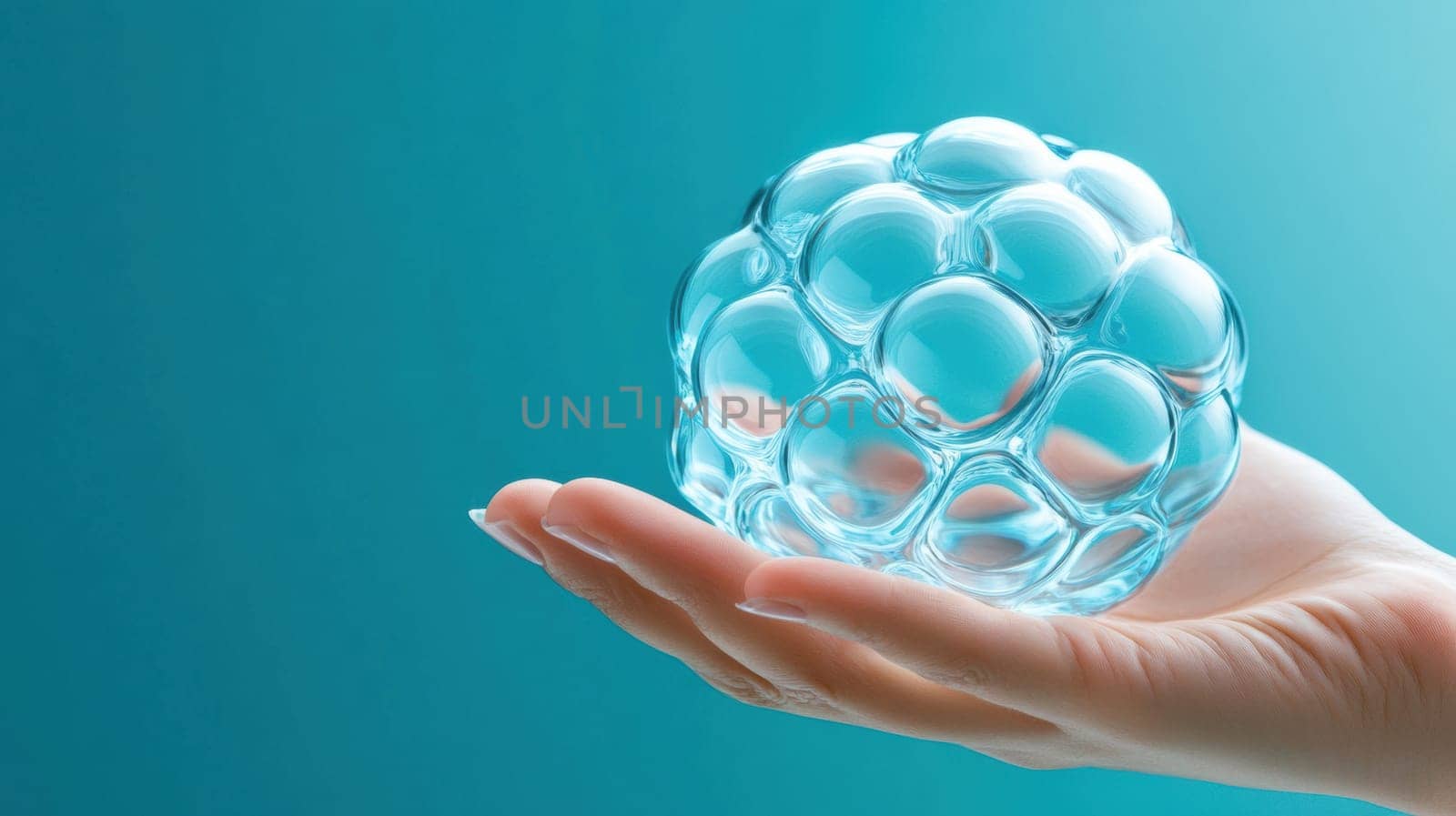 A Caucasian female hand gently holds a transparent, spherical object with a honeycomb pattern. The teal background enhances the futuristic and innovative feel, ideal for technology or design concepts