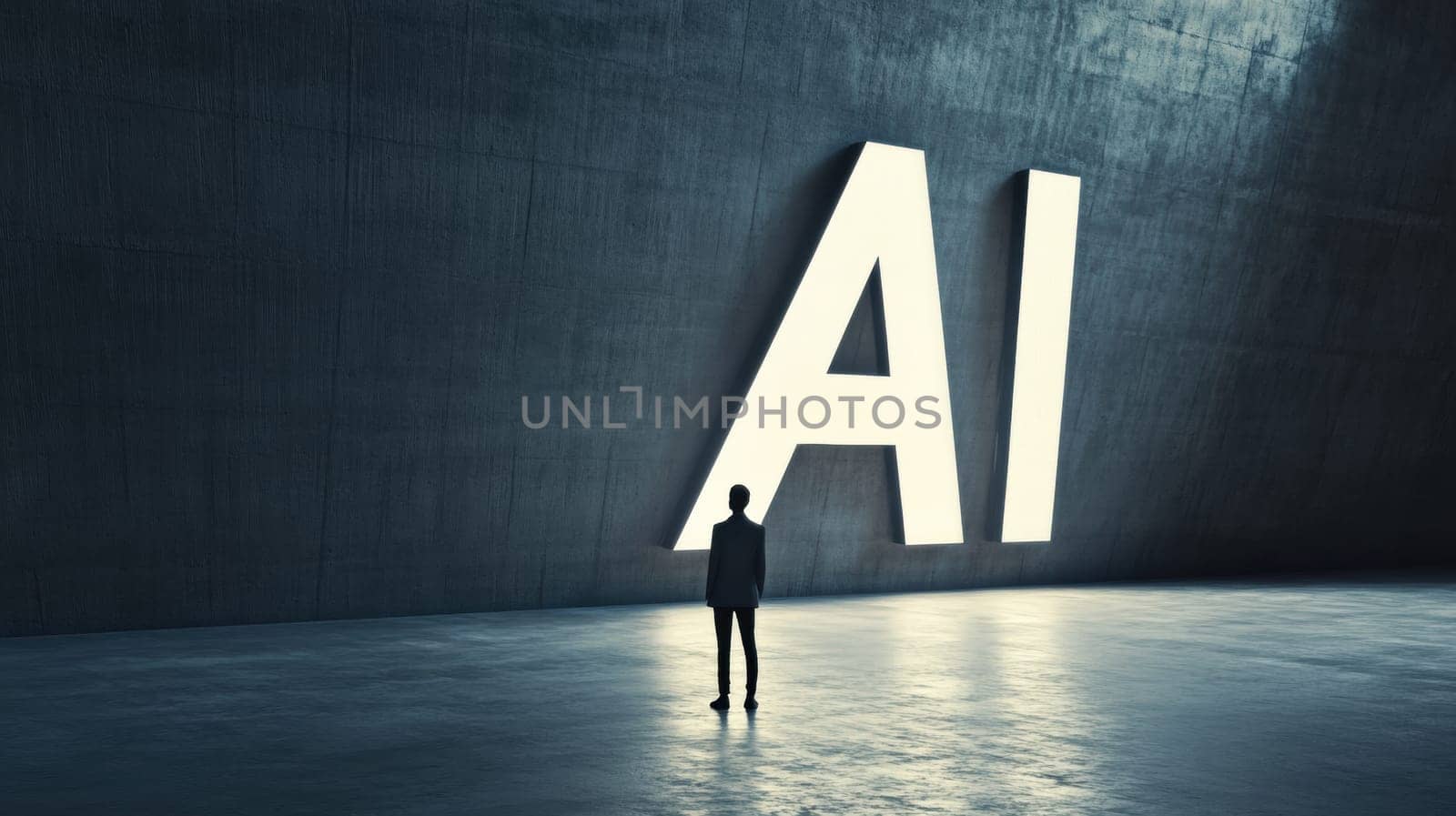 A lone figure stands in front of giant illuminated AI letters, symbolizing the impact of artificial intelligence on modern society. The scene conveys innovation, technology, and future possibilities