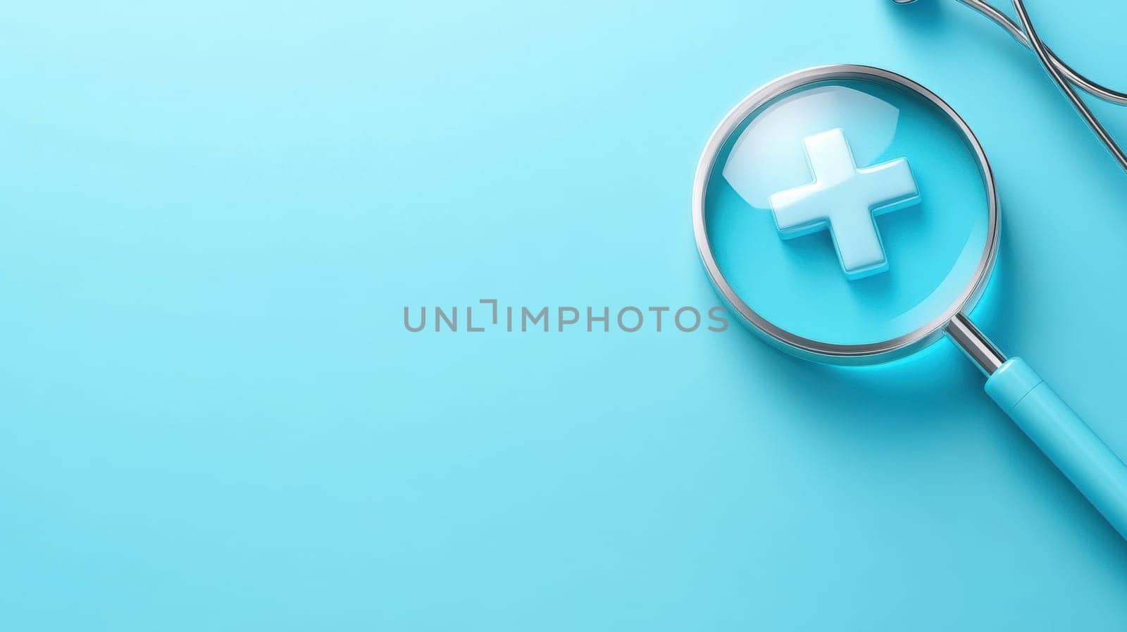 A magnifying glass with a medical cross symbol rests on a blue background, representing healthcare, medical research, and diagnosis. Ideal for illustrating medical concepts and healthcare services