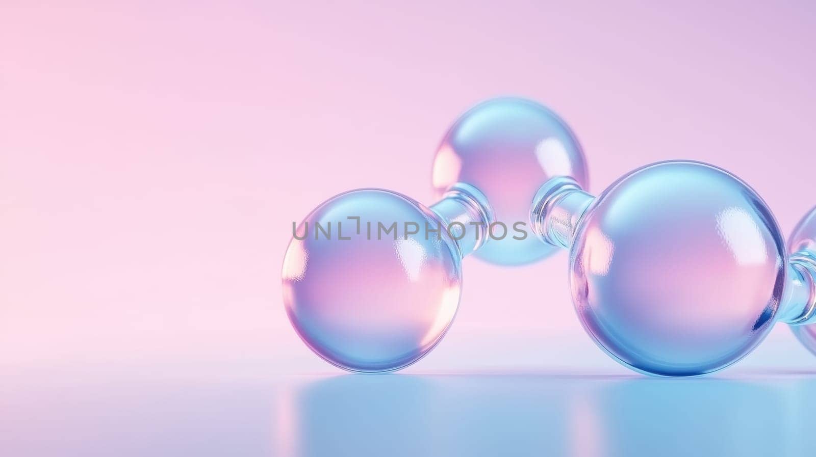 A close-up of a molecular structure featuring glossy, pastel-colored spheres. The reflective surface enhances the futuristic and scientific aesthetic, ideal for technology and science themes