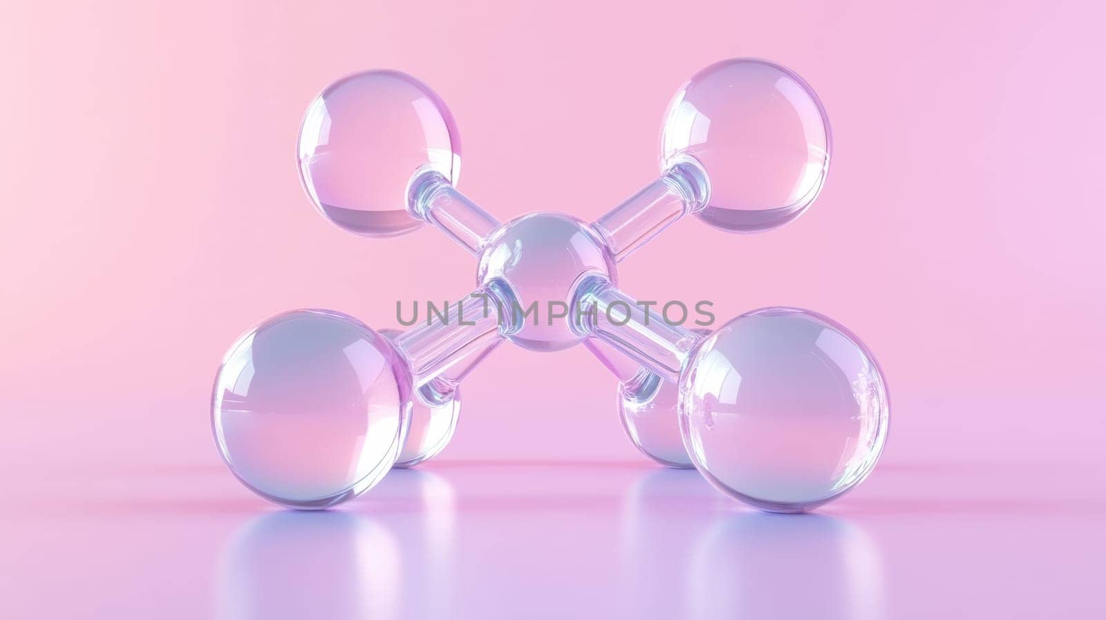 A 3D rendering of a molecular structure featuring transparent spheres connected by rods, set against a soft pink backdrop. Ideal for scientific, educational, or design purposes