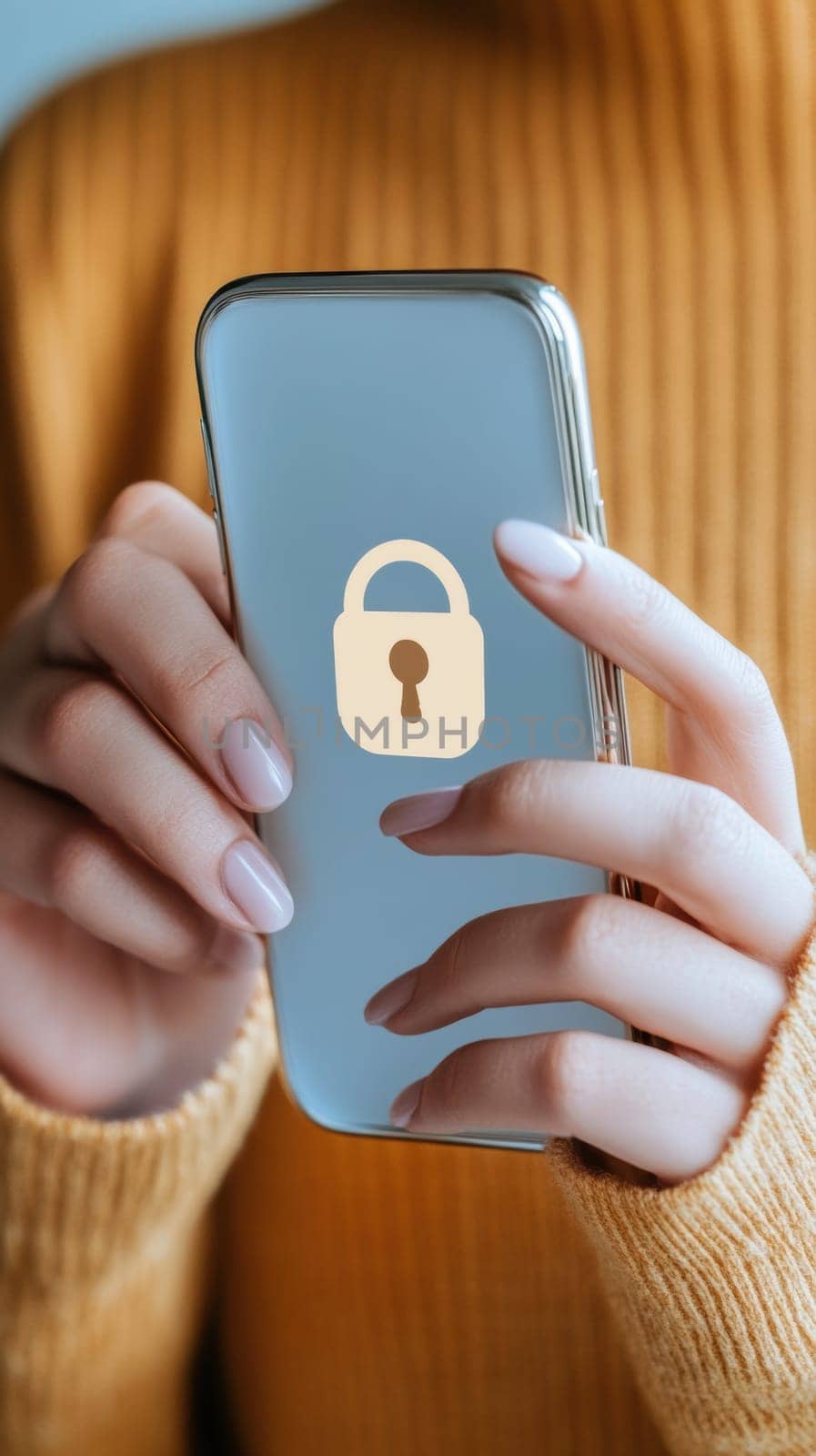 A Caucasian woman holds a smartphone displaying a lock icon, symbolizing digital security and privacy. The image highlights the importance of protecting personal information in a connected world