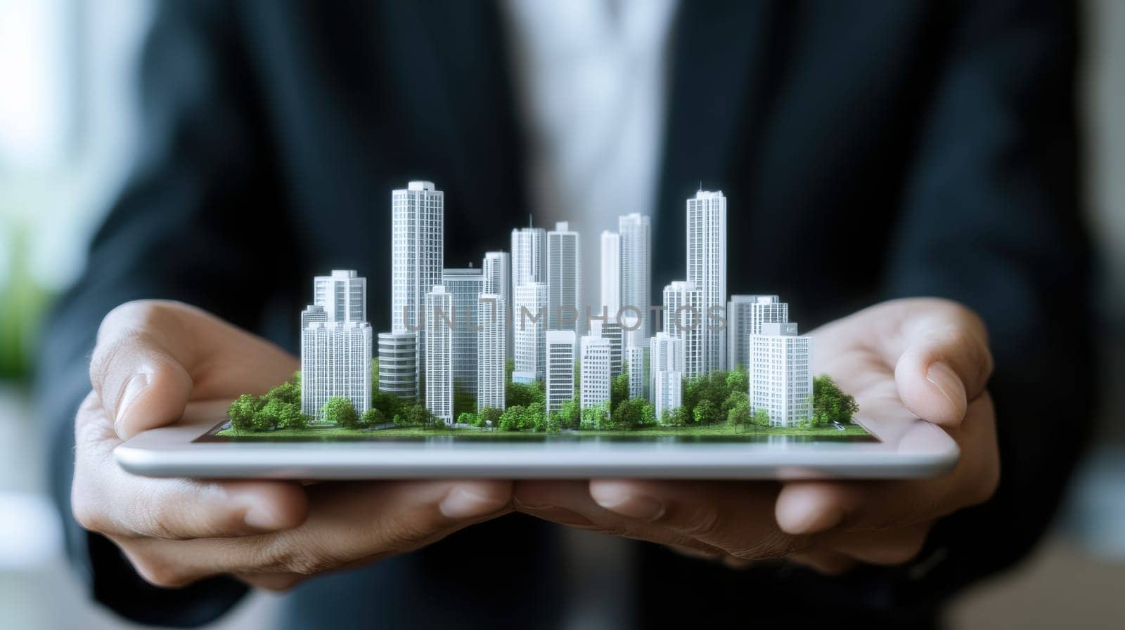 A person of Asian descent in a suit holds a miniature city model, representing urban development and architectural innovation. The image conveys concepts of growth, planning, and future cities