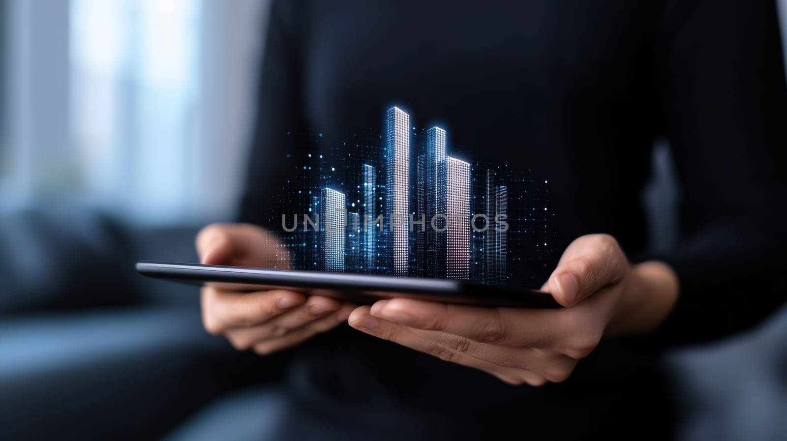 An Asian woman holds a tablet projecting a futuristic cityscape hologram. The image symbolizes technology, innovation, and digital transformation in urban planning and architecture