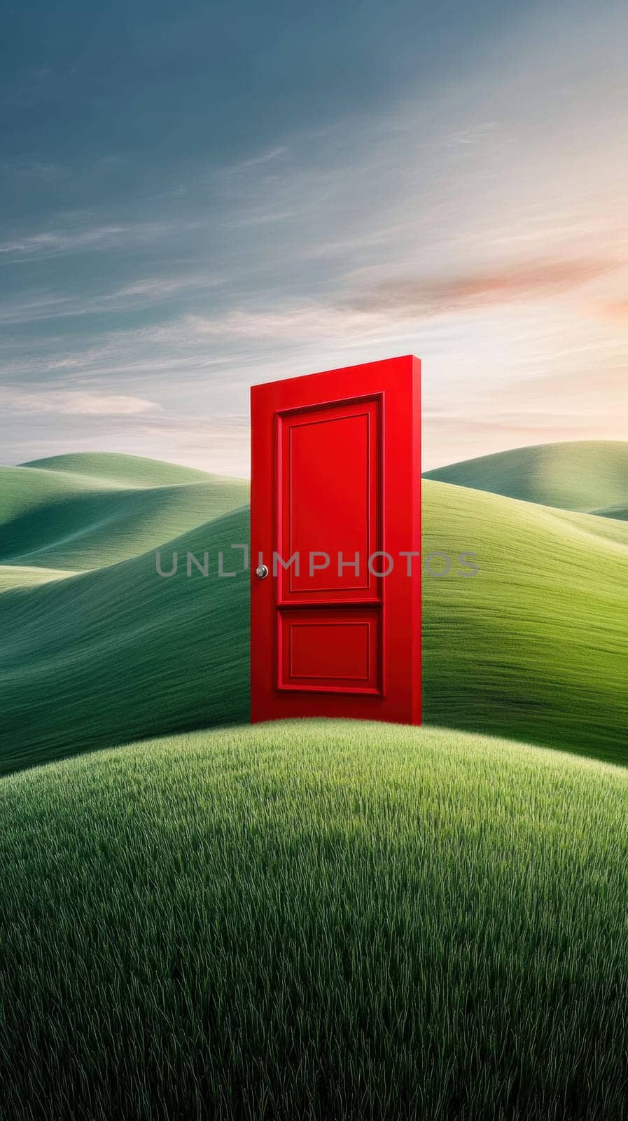 A striking red door is set against rolling green hills and a colorful sky, creating a surreal and inviting scene. The image evokes themes of opportunity, mystery, and new beginnings