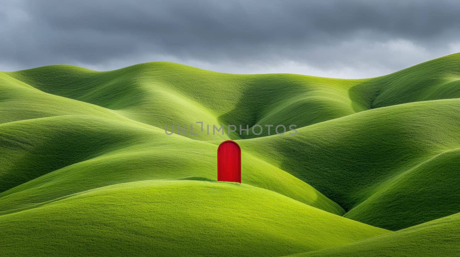 A striking red door contrasts with lush green hills, creating a surreal landscape. The overcast sky adds drama, enhancing the vivid colors and unique composition of this imaginative scene