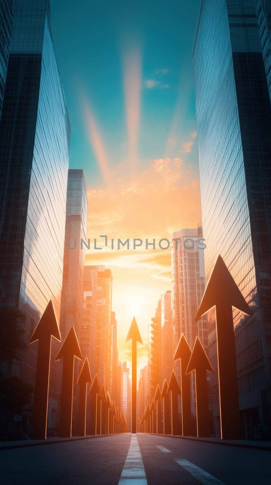 A dynamic cityscape with upward arrows represents growth, progress, and ambition. The sunrise adds a hopeful and inspiring atmosphere, ideal for concepts of success and future potential