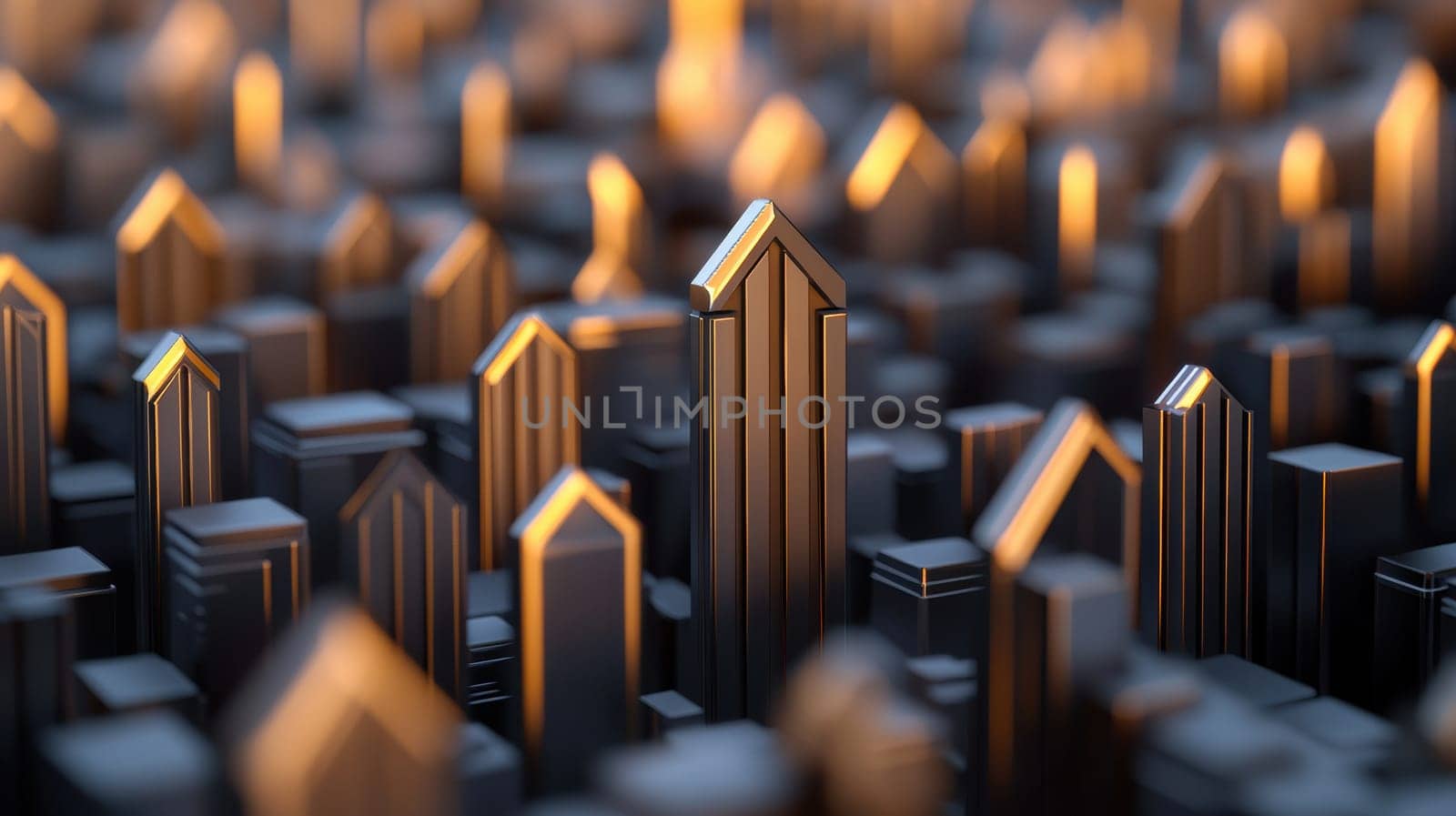 A collection of abstract skyscraper models with golden accents, representing a futuristic cityscape. The image emphasizes modern architecture and urban design, ideal for creative projects