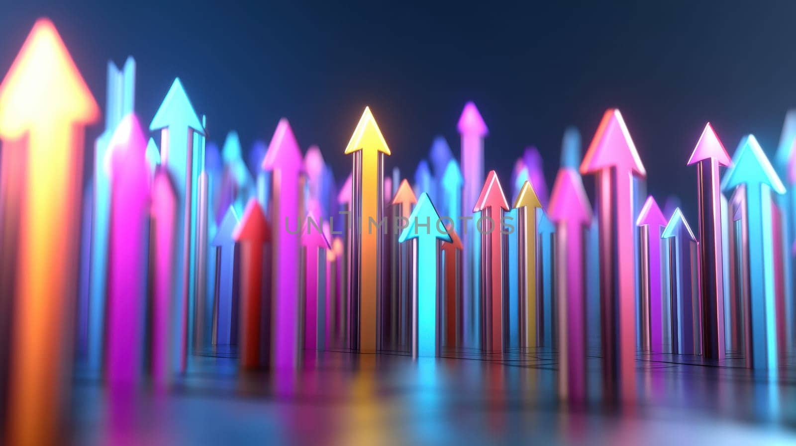 Vibrant 3D arrows in various colors point upwards, representing growth, progress, and success. The dynamic composition and glowing effects create a futuristic and optimistic atmosphere, ideal for business and technology themes