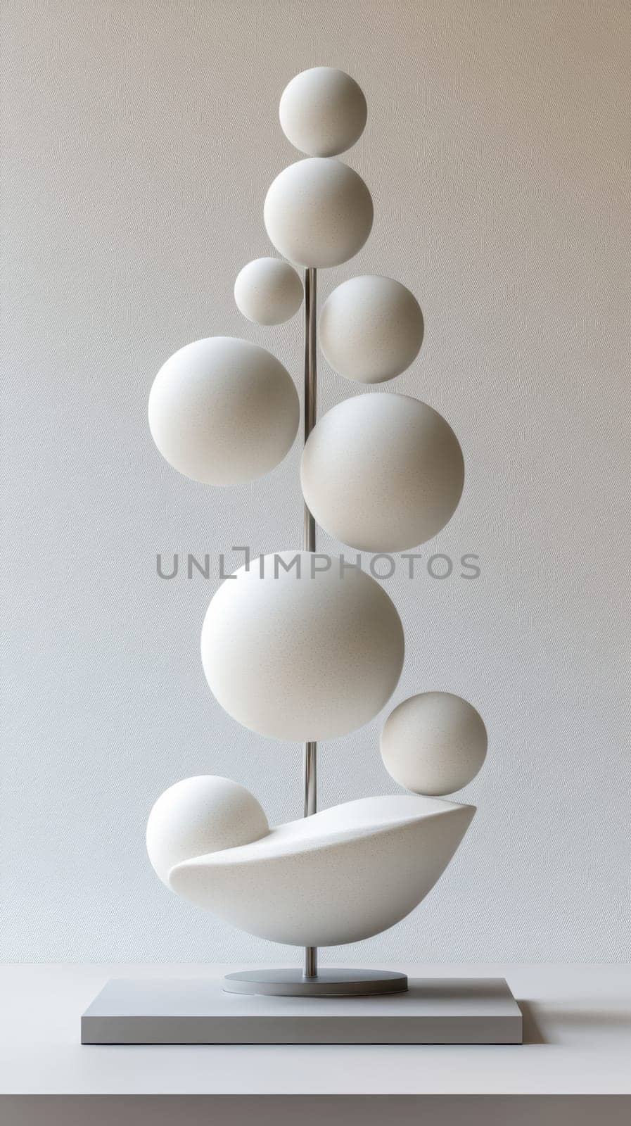 A contemporary sculpture featuring a series of white spheres stacked vertically on a minimalist base. The artwork highlights balance and symmetry, making it ideal for modern interior decor