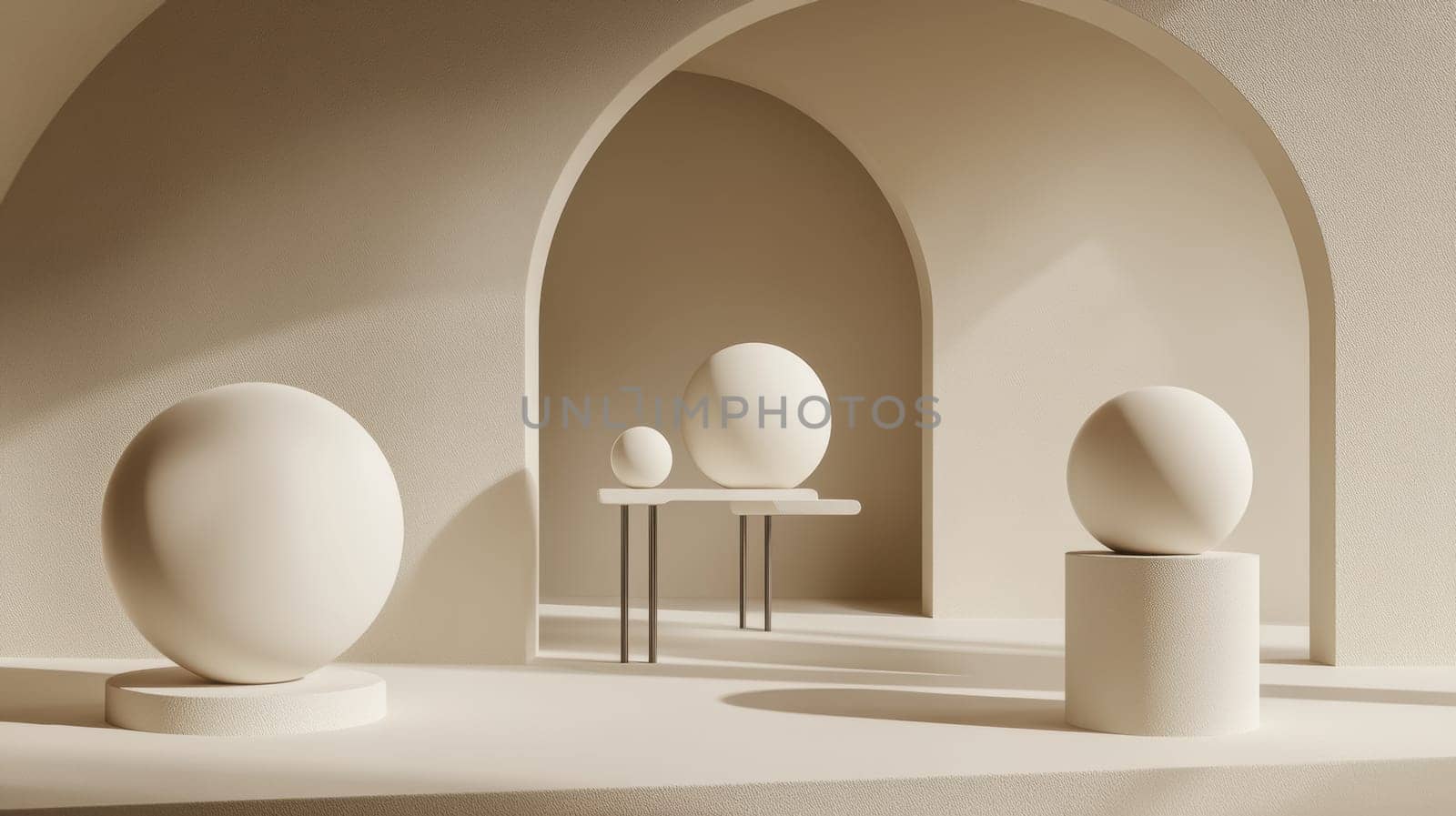 A serene minimalist interior features large and small spheres on pedestals and tables. The soft beige tones and curved arches create a harmonious and modern aesthetic, ideal for design inspiration