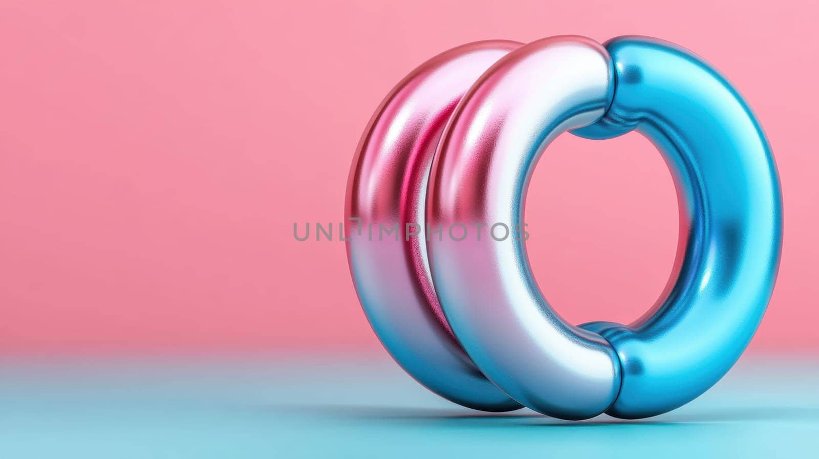 Two metallic rings, one pink and one blue, are intertwined, creating a modern and abstract composition. The pastel pink and blue background enhances the futuristic and stylish design