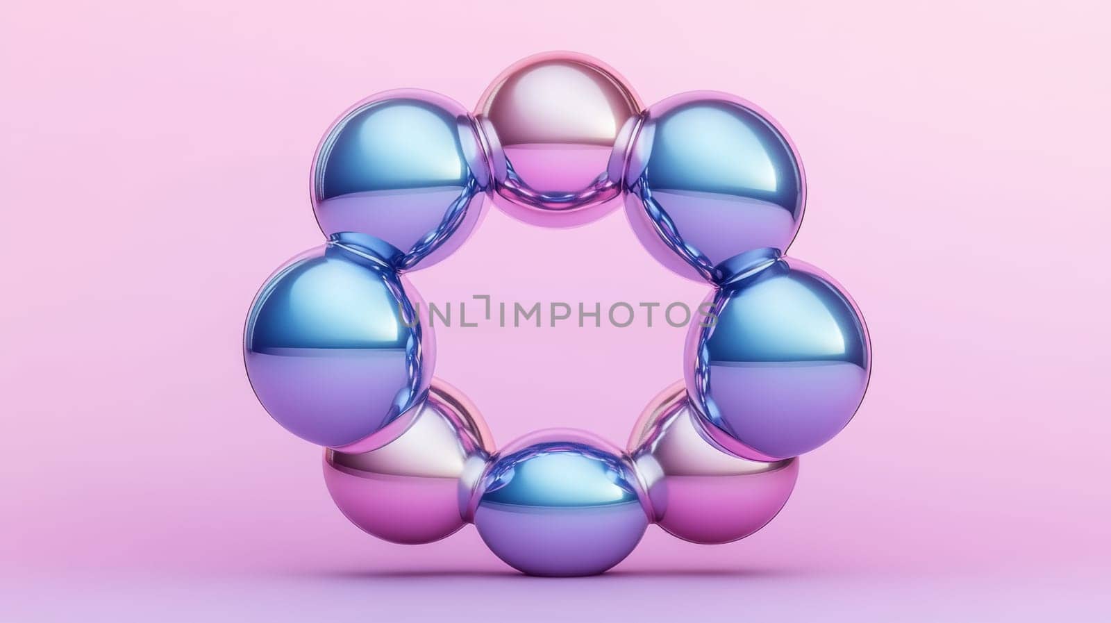 A visually striking composition featuring glossy, metallic spheres arranged in a circular pattern. The spheres reflect pink and blue hues, creating a modern and futuristic aesthetic against a pastel backdrop