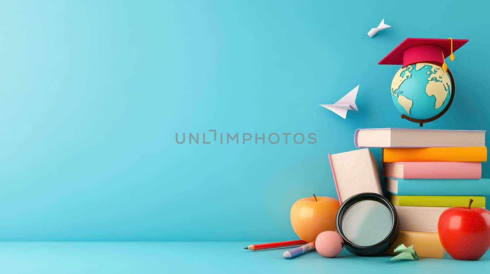A colorful educational setup featuring a globe with a graduation cap, stacked books, apples, and a magnifying glass. Ideal for themes related to education, learning, and academic success