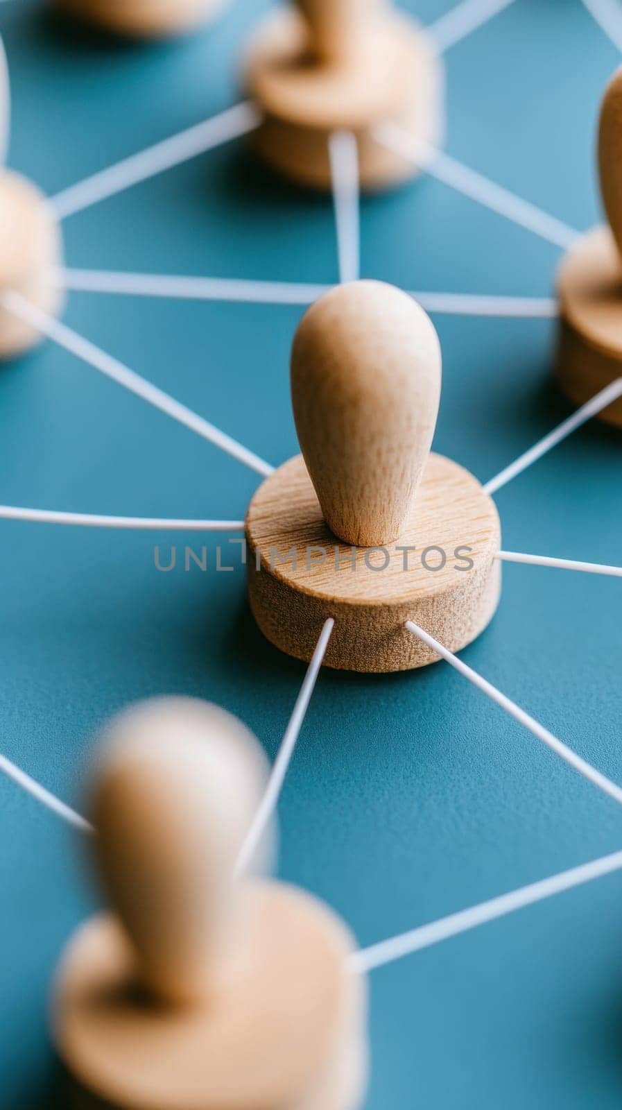 Wooden pegs connected by strings on a blue surface represent concepts of networking, teamwork, and collaboration. The image illustrates interconnectedness and communication in a business or social context