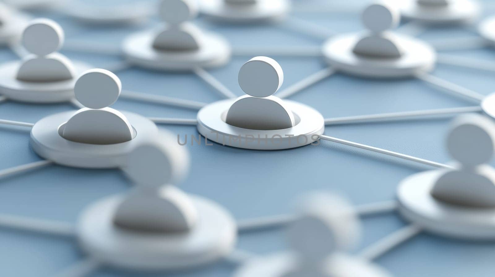 Abstract representation of a social network with white human figures connected by lines on a blue background, symbolizing communication, teamwork, and digital connectivity