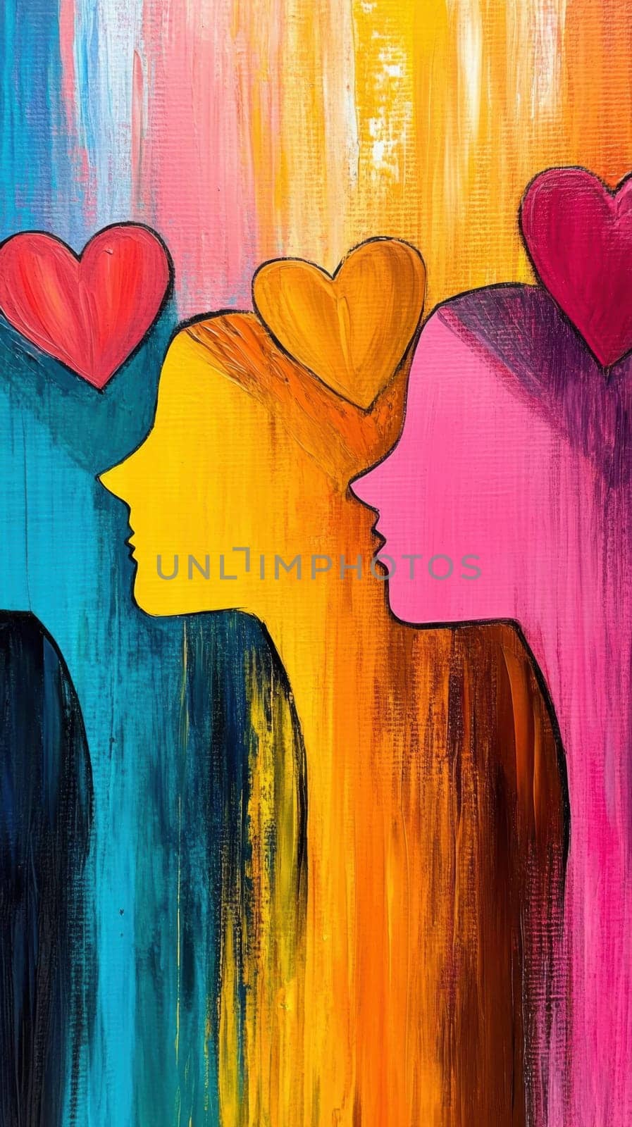 Vibrant abstract artwork featuring three human profiles in blue, yellow, and pink with hearts above. The painting symbolizes love, diversity, and unity through bold colors and expressive brushstrokes