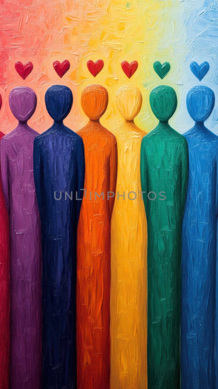Vibrant abstract artwork depicting diverse, gender-neutral figures in various colors, symbolizing unity and love. Each figure has a heart above, representing connection and acceptance