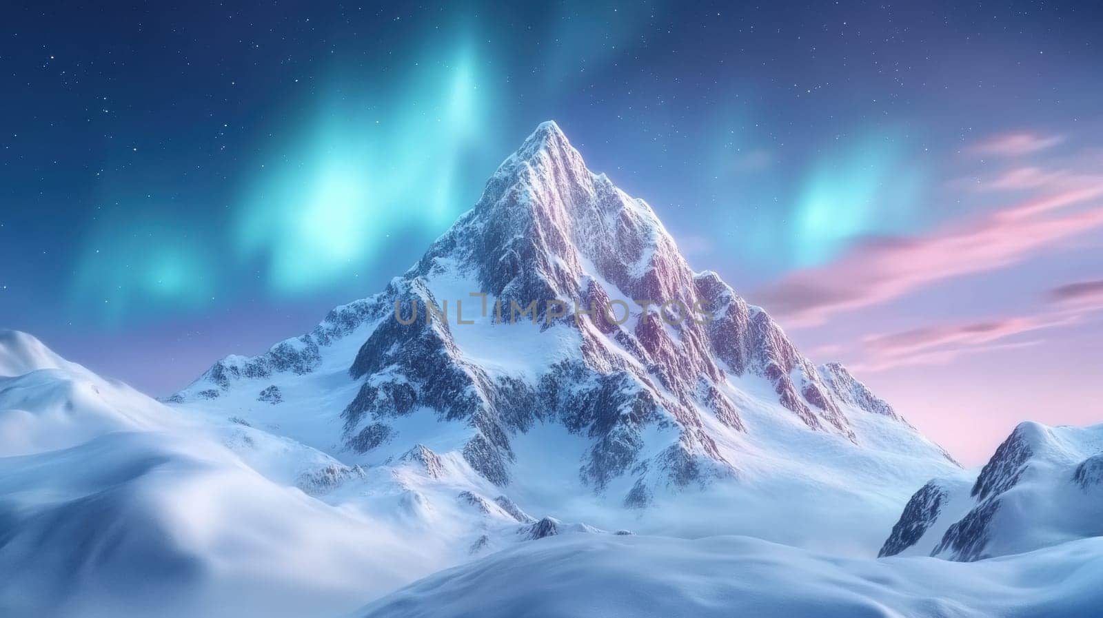 A majestic snow-covered mountain stands tall under the mesmerizing aurora borealis. The vibrant colors of the northern lights illuminate the serene winter landscape, creating a breathtaking natural scene