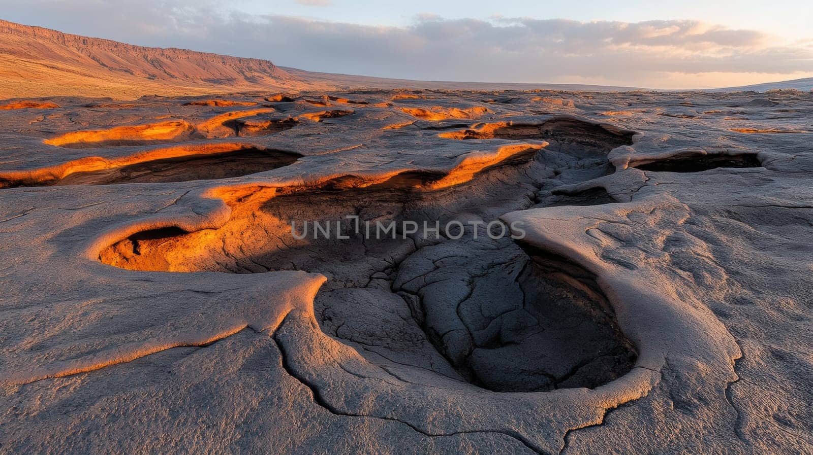 A stunning desert scene features cracked earth and sunlit rock formations under a dramatic sky. The warm hues of the setting sun highlight the textures and contours, creating a captivating natural landscape