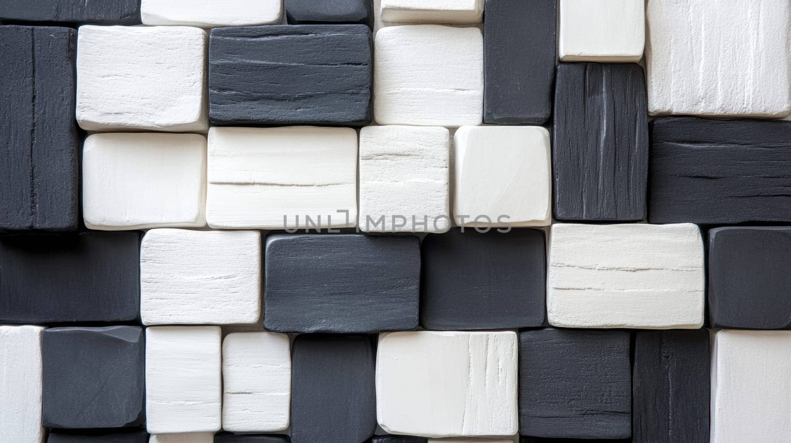 A modern wall design featuring black and white rectangular tiles in a geometric pattern. The alternating colors create a striking visual effect, ideal for contemporary interior design projects