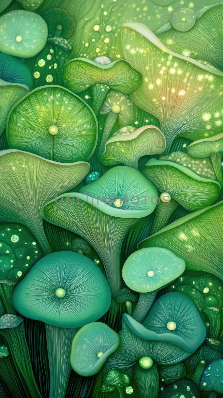 A vibrant illustration of glowing mushrooms in a lush forest setting. The luminescent caps and rich green hues evoke a sense of magic and wonder, perfect for fantasy themes