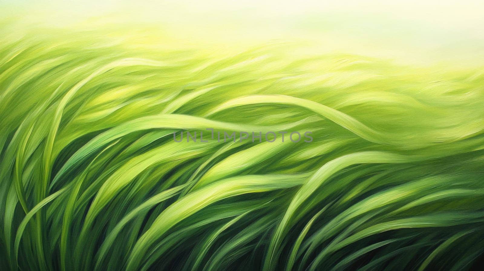 A serene and abstract depiction of grass blades moving in the wind, showcasing a blend of light and shadow. The painting captures the essence of nature's tranquility and movement