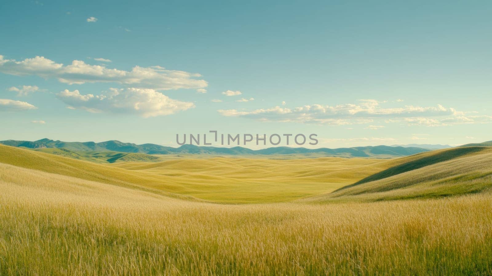 Expansive landscape of rolling hills covered in grass, set against a backdrop of distant mountains and a clear blue sky. The serene scene captures the tranquility of nature and open spaces