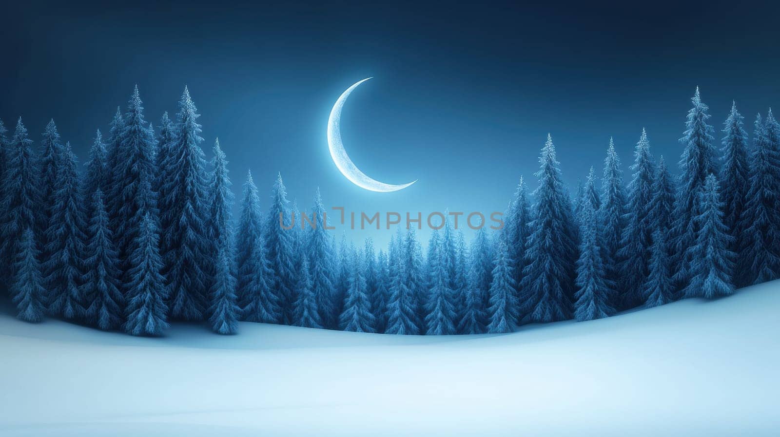 A tranquil winter scene featuring a crescent moon casting a gentle glow over a forest of snow-laden evergreen trees. The serene atmosphere evokes a sense of calm and peacefulness