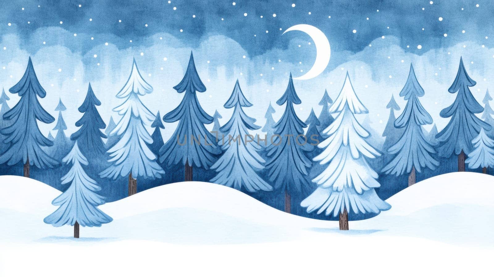 Illustration of a serene winter landscape featuring snow-laden evergreen trees under a starry sky. The crescent moon adds a magical touch to the tranquil, frosty scene