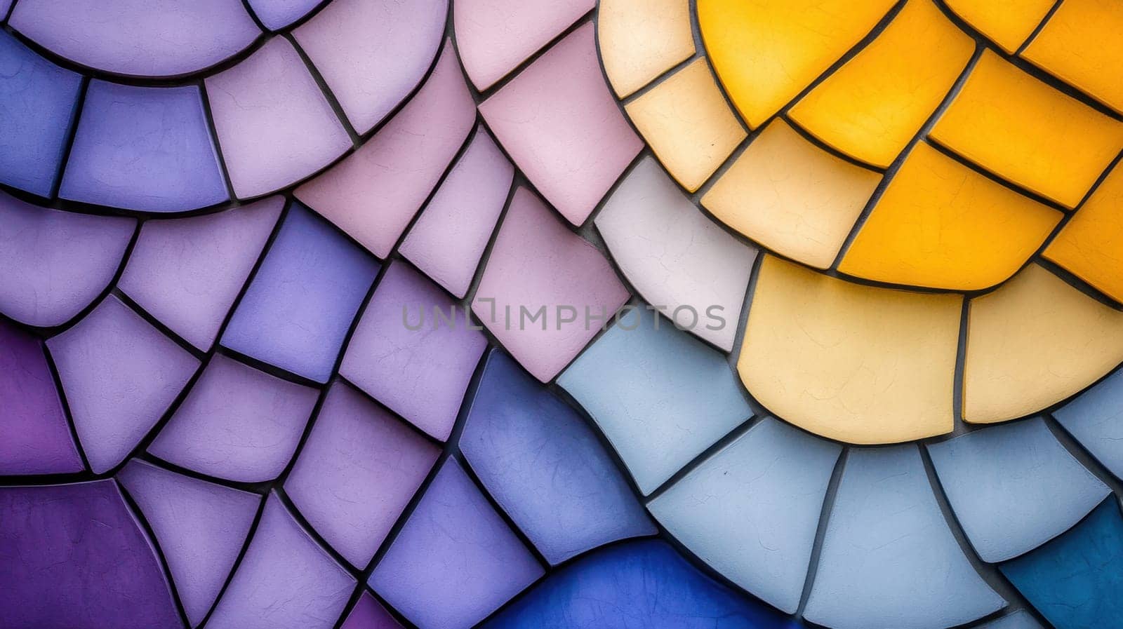 Vibrant stained glass artwork featuring a mosaic of overlapping geometric shapes in purple, blue, and yellow hues. The intricate design creates a dynamic and visually appealing composition