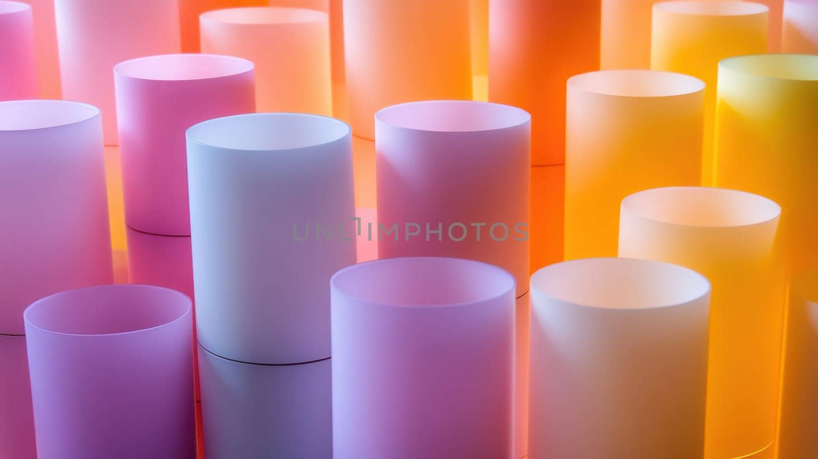 A collection of pastel-colored cylindrical shapes arranged in a visually striking pattern. The soft pink, orange, and yellow tones create a harmonious and vibrant abstract composition