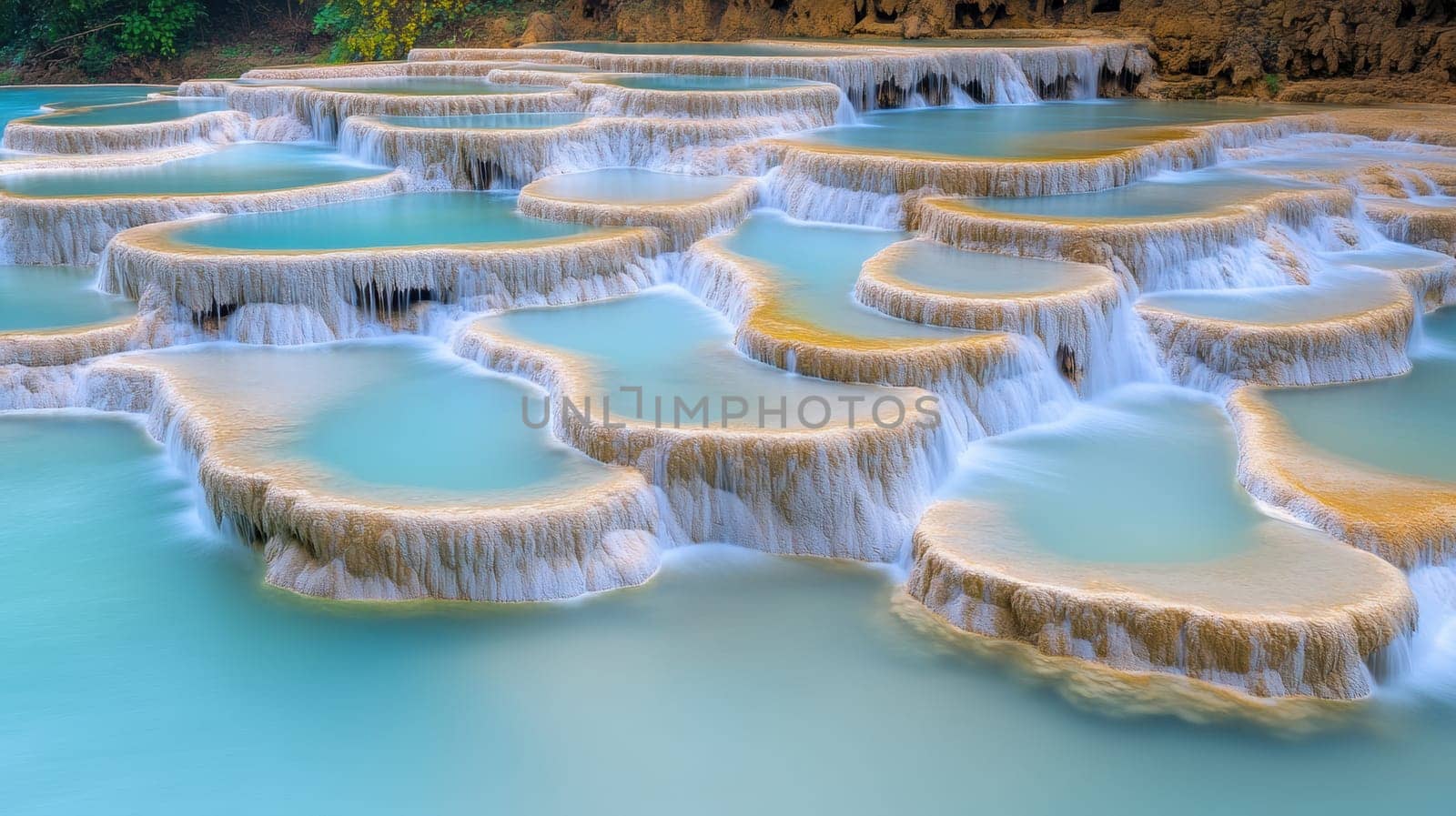 A stunning view of terraced limestone formations with cascading turquoise water, creating a serene and tranquil landscape. The natural beauty and unique geological features make it a captivating scene