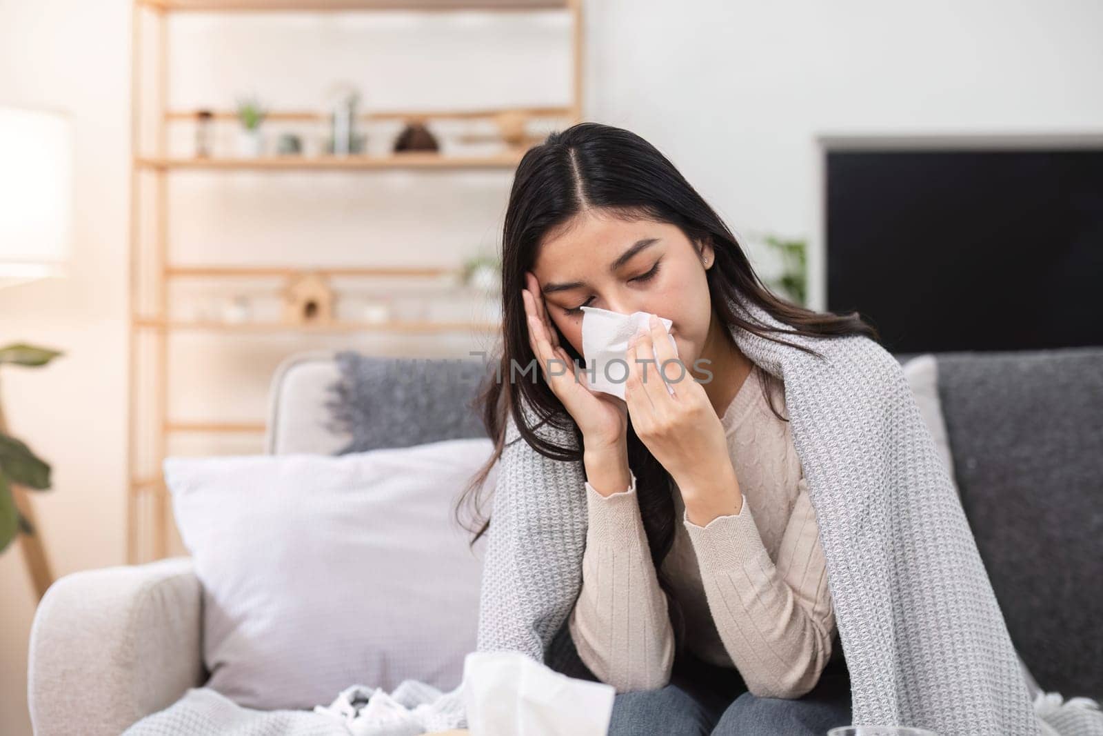 A woman feeling unwell at home wrapped in a blanket facing emotional distress.