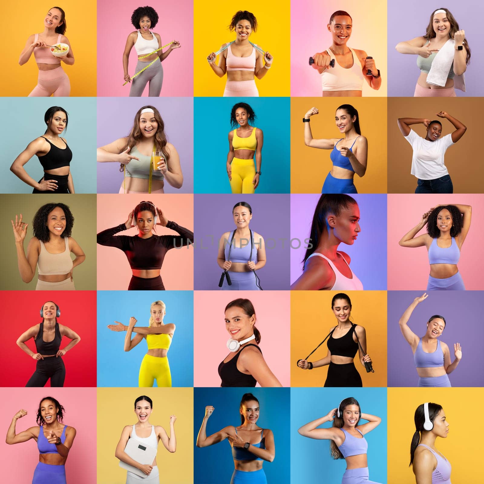 Various women demonstrate strength and fitness in vibrant workout outfits. They engage in exercises, showcasing enthusiasm and diverse styles in a bright, energetic setting.