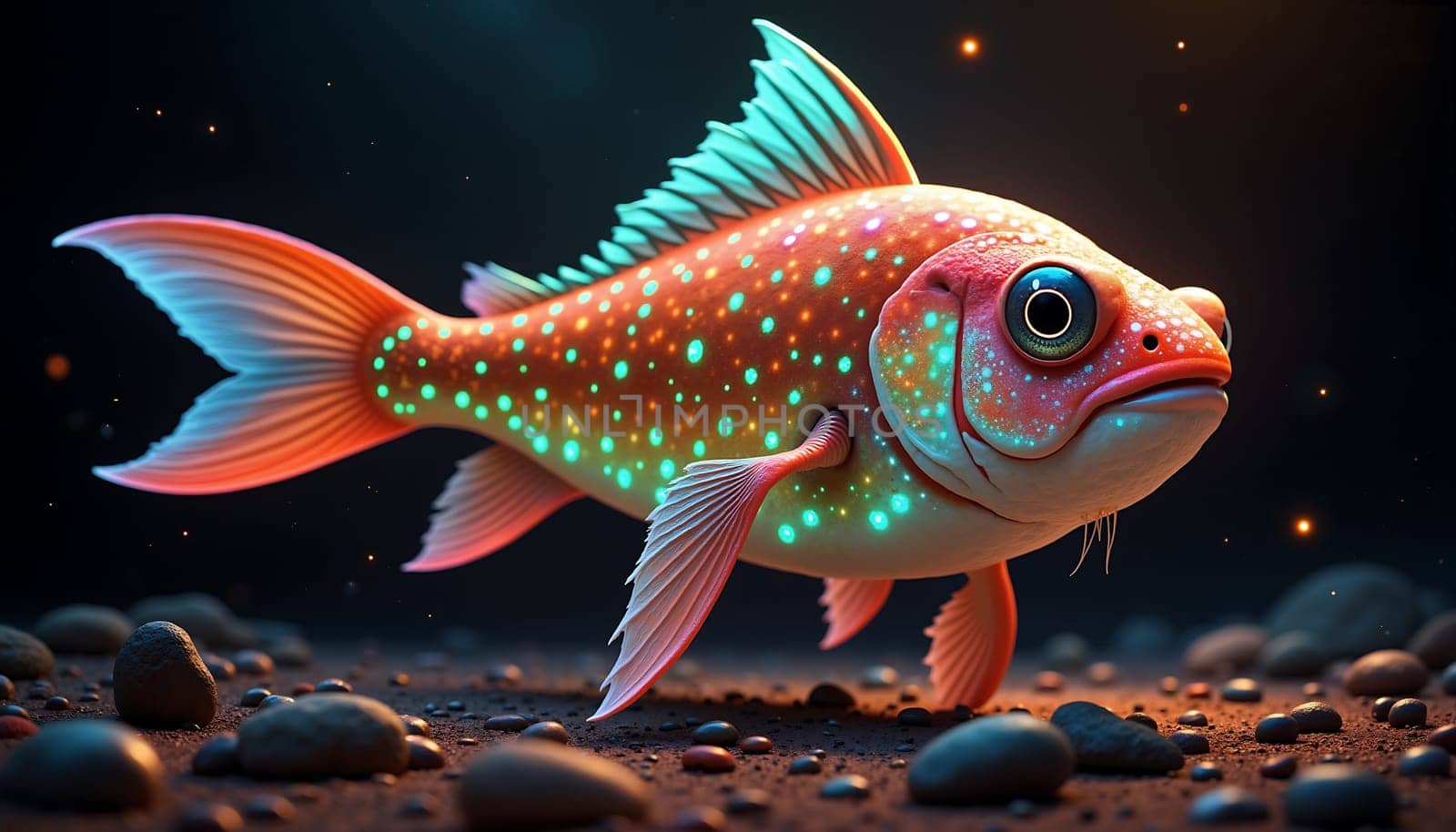 A fish with glowing spots is swimming in a dark pool