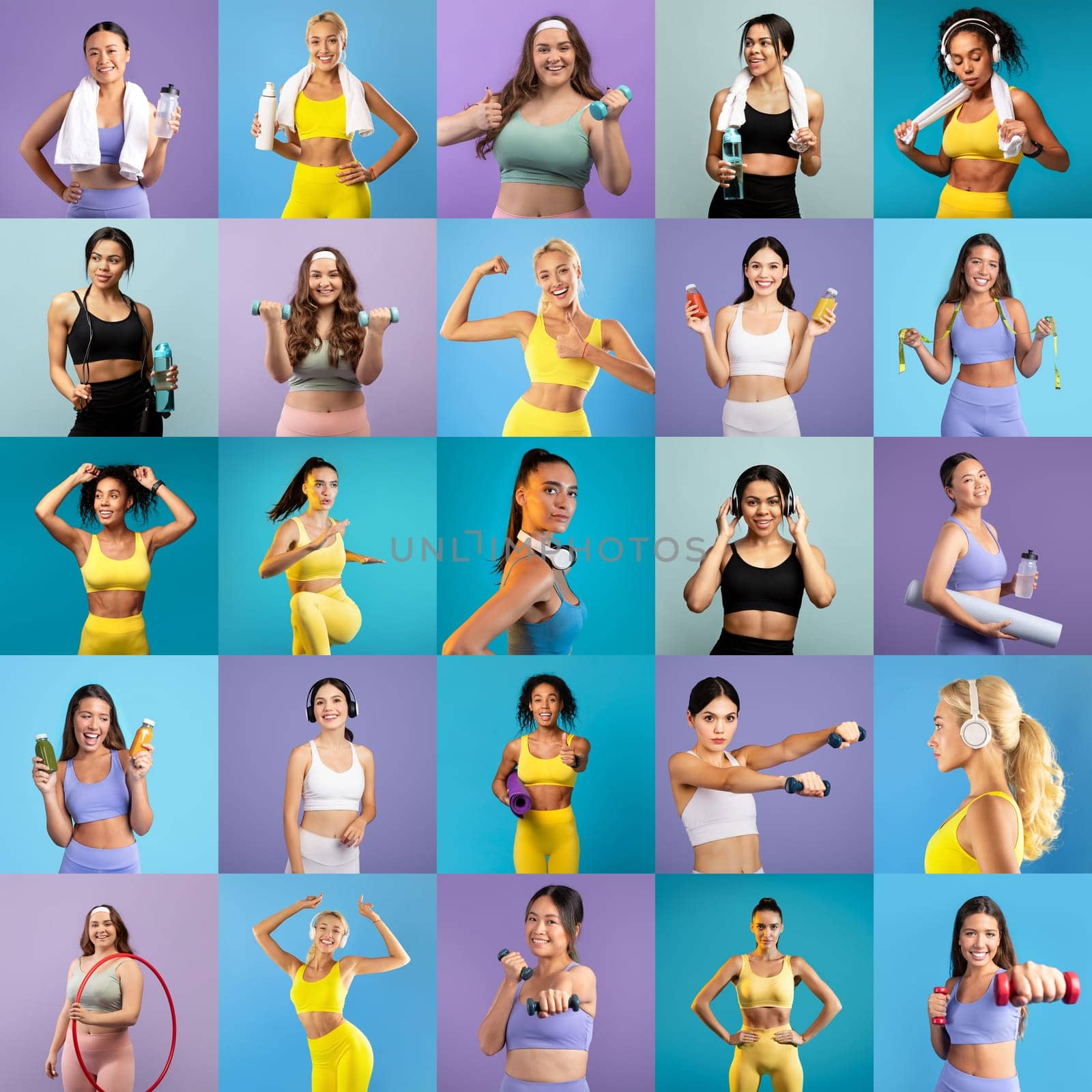 Group of women in athletic clothing engage in various fitness activities against vibrant backgrounds. They hold weights, water bottles, and personal music devices, promoting a healthy lifestyle.