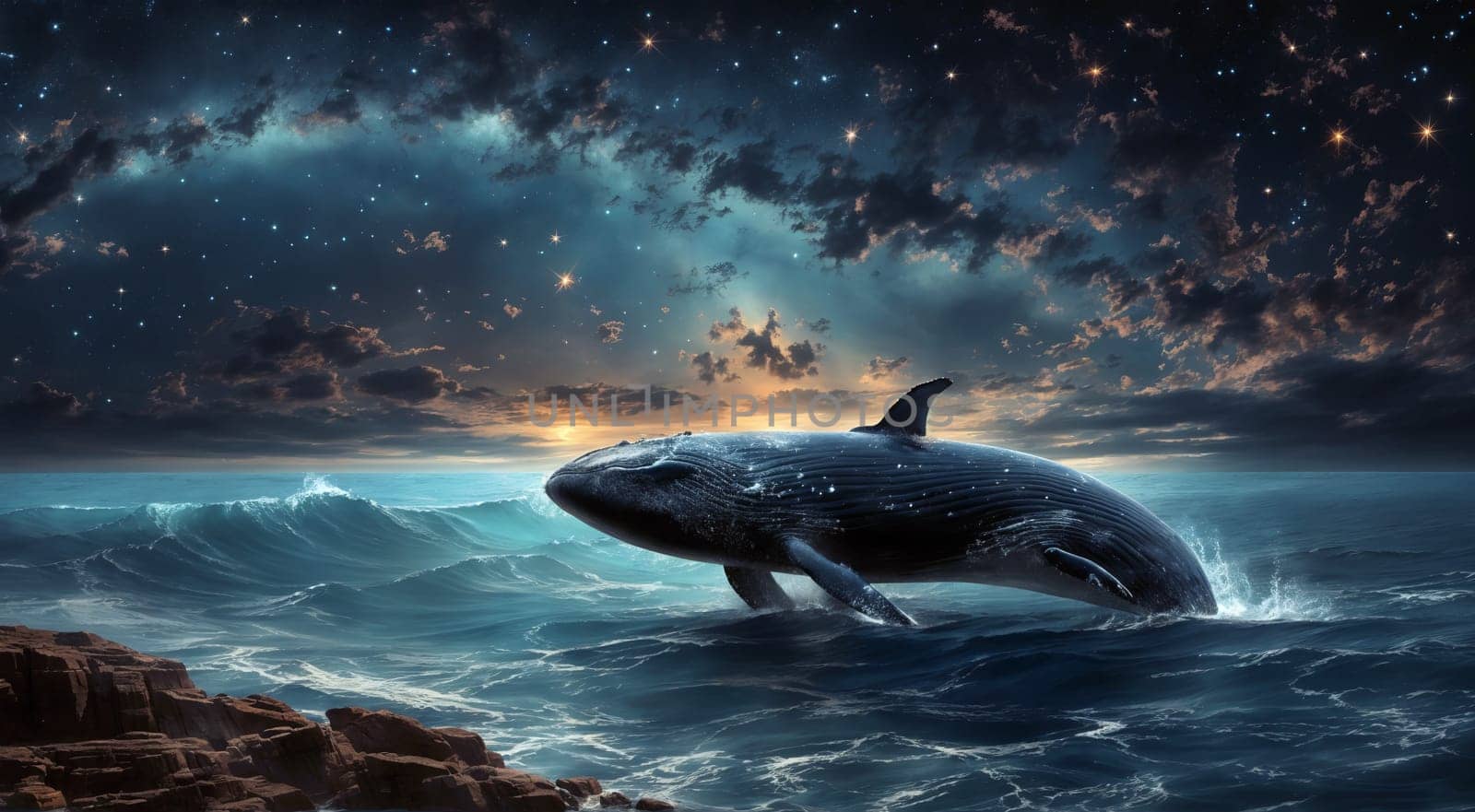 A whale is swimming in the ocean with the sky in the background