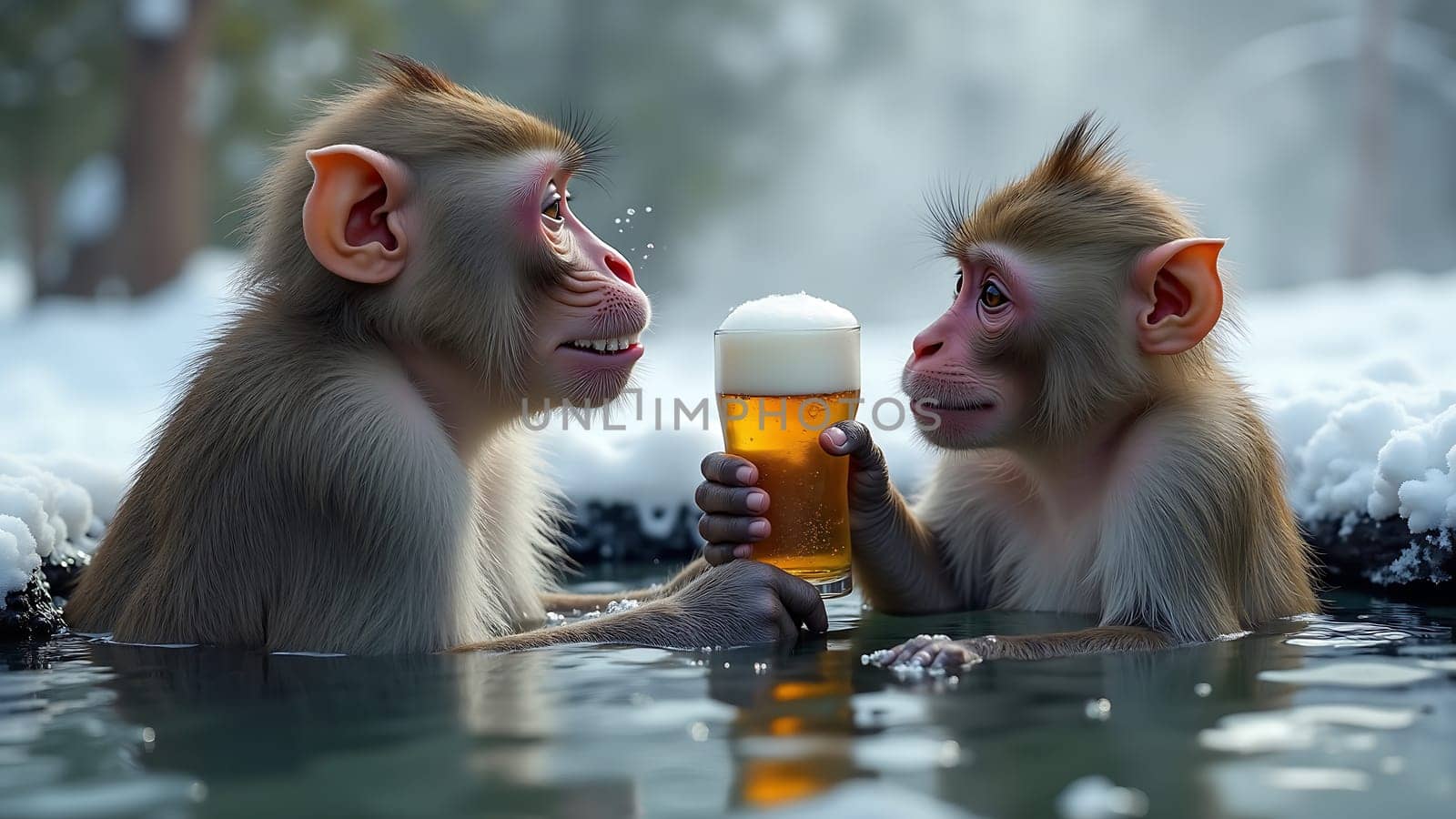 Two monkeys are in a pool of water, one holding a beer
