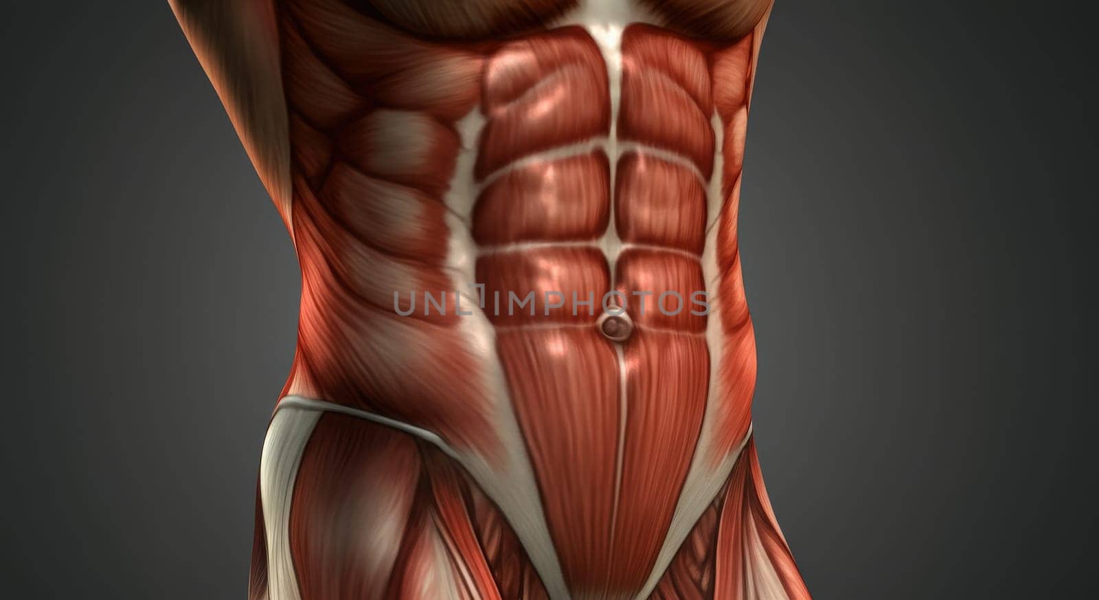 Detailed illustration of the human abdomen showcasing the intricate structure of abdominal muscles. highlights the muscular anatomy, texture, and alignment, emphasizing scientific and educational value.