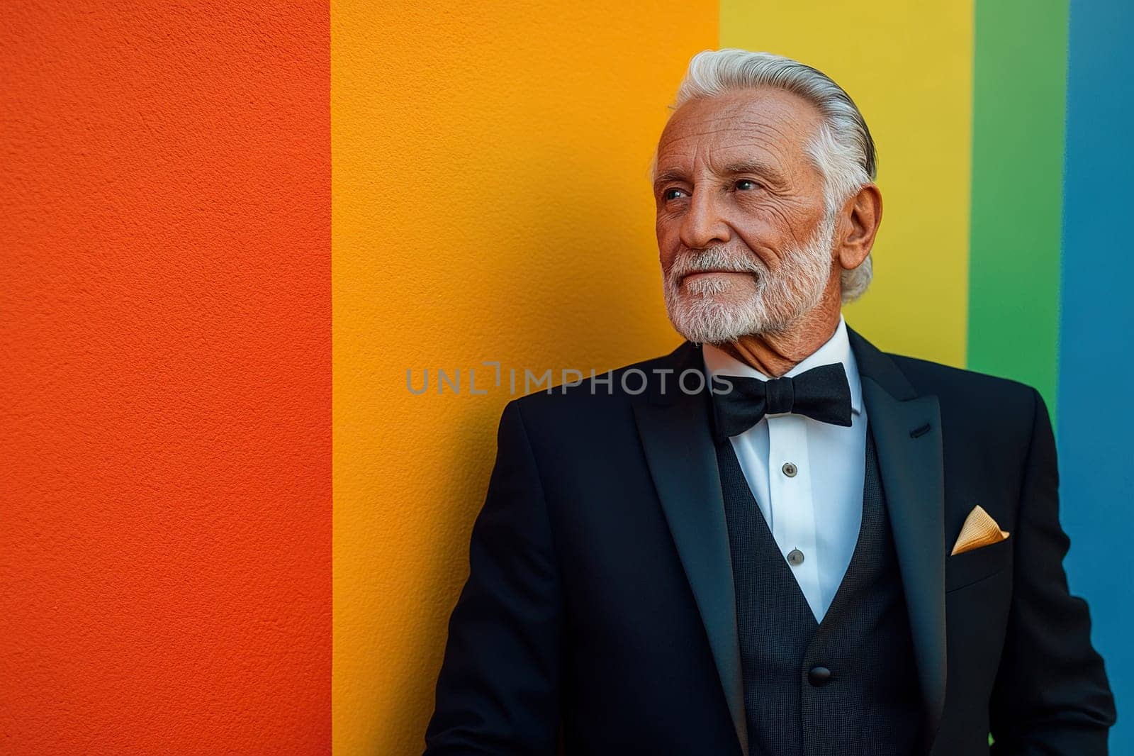 An elderly gray-haired man in a black suit with a bow tie stands near a rainbow wall.