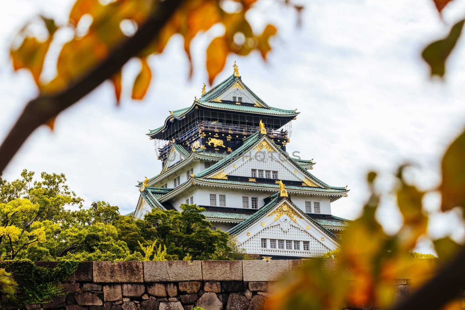 OSAKA, JAPAN - SEPTEMBER 25 2024: The iconic Osaka Castle and lush surrounds on a warm clear autumn day in Osaka, Japan on September 25th 2024