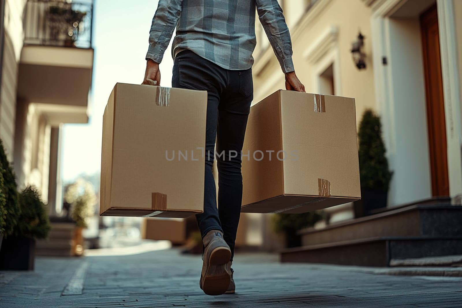 Ground level photo of a man holding two huge cardboard boxes. Concept of moving, delivery, cargo and parcel handling.
